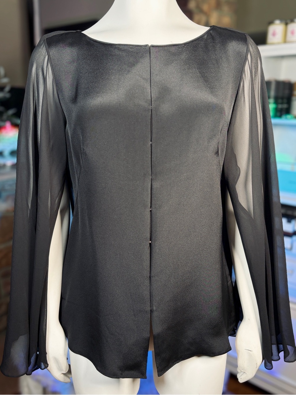 Lilysilk Black 100% Mulberry Silk Crewneck Cape-style Blouse, Sz 8
